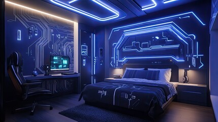 Fototapeta premium Futuristic Bedroom Design: Neon Lights and Circuitry Walls