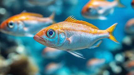 Fototapeta premium Colorful marine fish swimming in a serene coral reef setting.