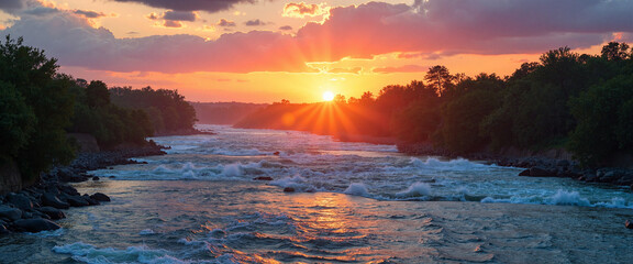Raging River Rapids at Sunset with Golden Rays Reflecting Off Turbulent Waters and Lush Green Banks
