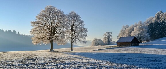Obraz premium Frosty winter landscape with trees and cabin.
