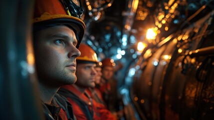 Fototapeta premium This striking image shows a group of miners wearing helmets, reflecting on their task in a dimly lit tunnel, capturing the essence of hard work and dedication in challenging environments.