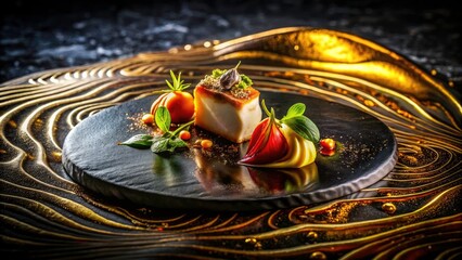 Elegant stone texture: Black gold marble elevates food photography, ideal for gourmet dish presentation.