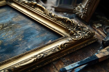 Restoring antique painting: gold ornate frame being restored in workshop