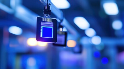 Electronic devices with blue screens and bar codes are hanging in a row, suggesting a technological or industrial setting with blurred background lights