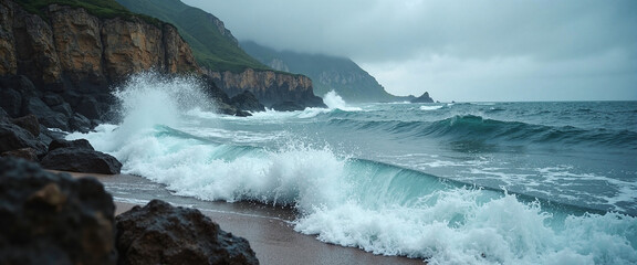 Fototapeta premium Isolated cove with crashing waves and rocky shoreline conveying tranquility and natural beauty under a moody sky