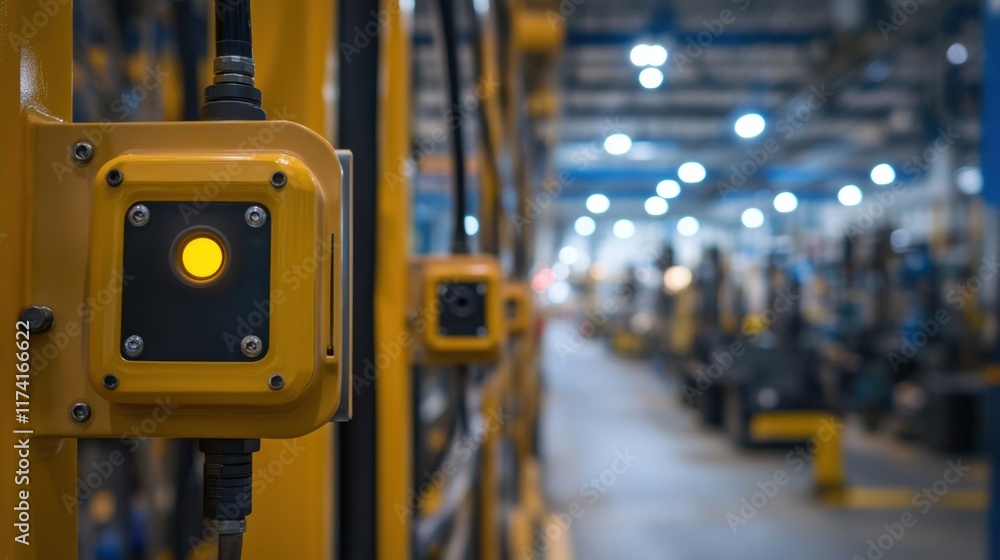 Poster close up view of a yellow warning light blinking on a machine in a modern factory, emphasizing safet