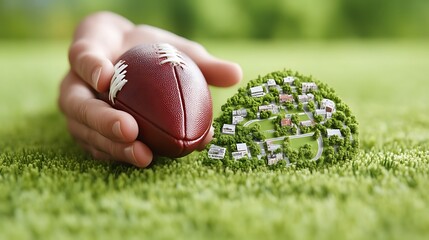 Hand Holding Football Near Miniature Green Town