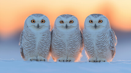 Close-up of three white snowy owls in Arctic winter habitat.