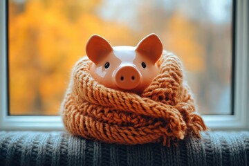 Piggy Bank in Warm Scarf on Radiator for Winter Heating Costs
