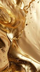 Close-up of golden liquid flow, dark beige and golden body art, streamlined, golden background, clean and simple image with crisp edges and simplified details.