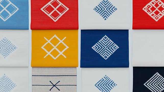 A textile with native-inspired intricate woven patterns, incorporating cultural symbols and vibrant color schemes