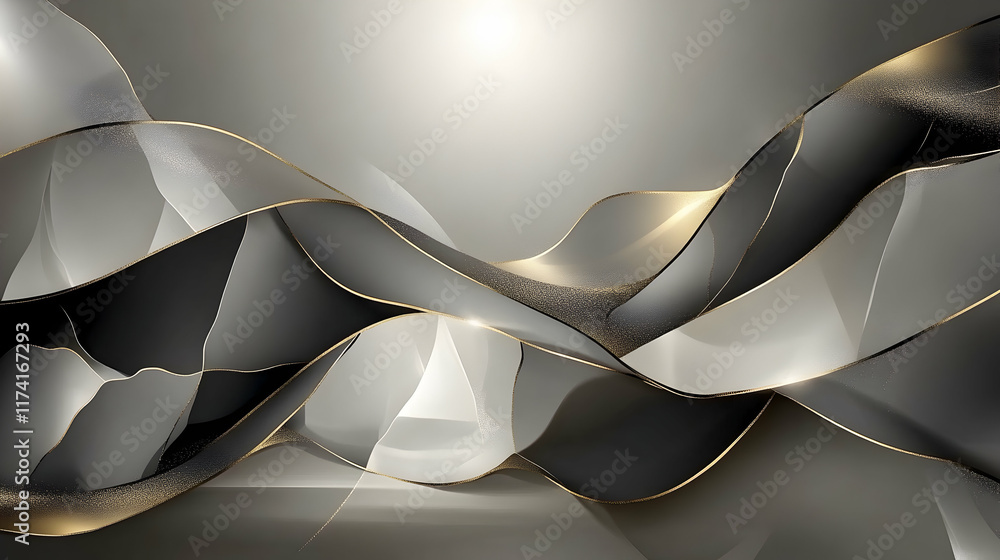 Poster abstract elegant grayscale design featuring flowing, interweaving shapes outlined in gold, ideal for