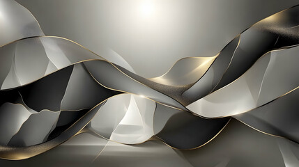 Abstract elegant grayscale design featuring flowing, interweaving shapes outlined in gold, ideal for modern backgrounds or website headers.