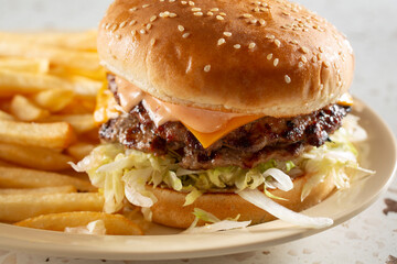 A closeup view of a double cheeseburger entree.