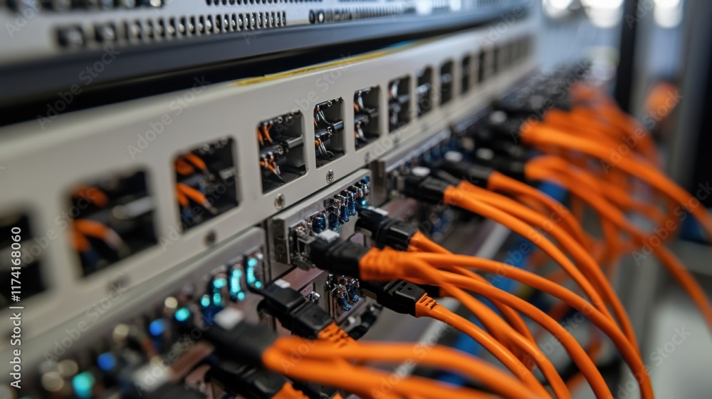 Poster orange network cables connecting to servers in a modern data center, facilitating high speed data tr