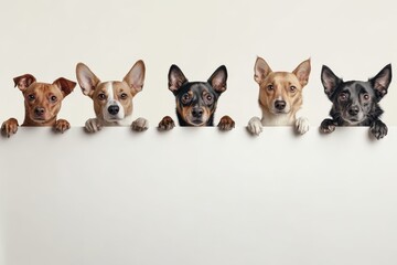 Five dogs holding a blank white sign on white background
