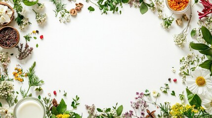 A collection of herbs and flowers arranged around a blank space for creative use.