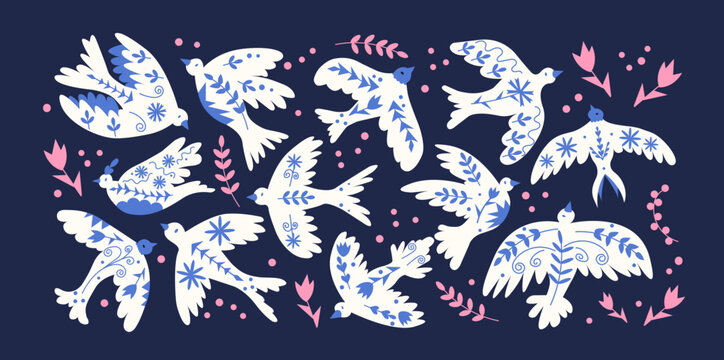 Cartoon abstract birds with pattern . Decorative elements, botanical boho style, flying birds. Trendy vector pattern. Scandinavian pigeon, swallow	