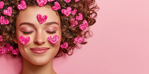 Obraz premium Smiling young woman with hearts on face and makeup, background with copy space, valentine's day, lovers day sale banner template for cosmetics store