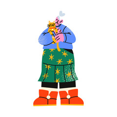 Cartoon character granny elder women. Doodle mascot of elder people, kind housewifely women with pet. Vector groovy illustration