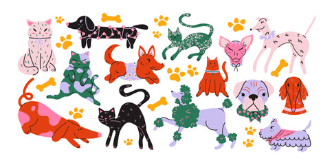 Cute pets cats and dogs in groovy style 90s. Doodle cartoon puppies characters in retro style. Animals veterinarian zoo stickers  © Limpreom