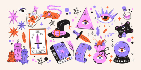 Cartoon mystical magic and witchcraft set. Abstract stickers: skull, potion, halloween, botanical elements, tarot cards. Wild magic doodle shapes in retro vintage style hand drawn © Limpreom