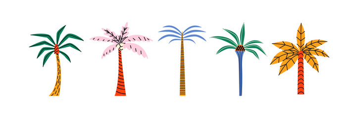 Palm trees with tropical leaves in cartoon style. Bright jungle trees with pattern, Botanical elements of tropics and hot countries with beach. Vector stickers in retro doodle style
