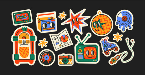 Retro hippie stickers 90s. Cartoon characters, bright psychedelic elements, funky shapes, retro music, vinyl, vintage. Trendy labels, patches, stamps