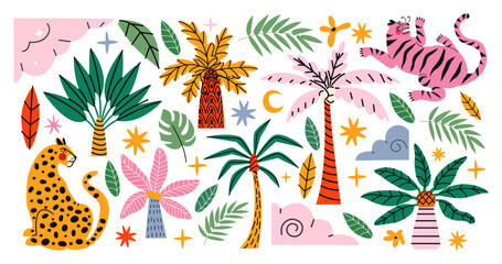 Stickers exotic tropical leaves, tigers, leopards and wild animals, birds, jungle plants, palm trees, monstera leaves and flowers. Set of vector jungle stickers in cartoon retro style © Limpreom