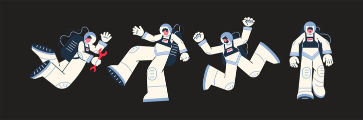 Cartoon characters astronauts in spacesuits in outer space zero gravity.Weightless man in outer space. Cosmonaut mascots spaceman © Limpreom