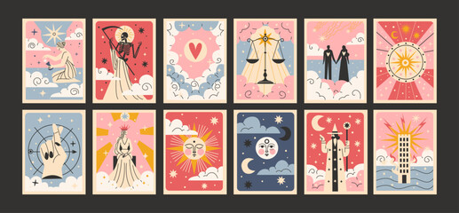 Tarot cards set major Arcana. Celestial magic poters with esoteric mystical symbols. Set for fortune telling. Spiritual illustrations with signs of fate predictions © Limpreom