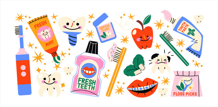 Oral care, dental kit: toothbrushes, floss, mouthwash, braces. Accessories for cleaning teeth, cartoon vector stickers in groovy doodle retro style.