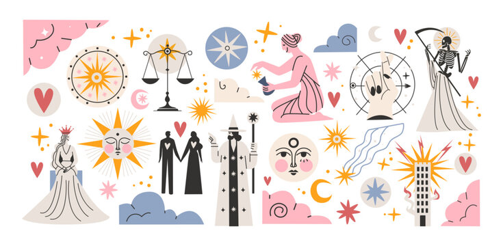 Set of tarot stickers major arcana. Celestial magic shapes with esoteric mystical symbols and mythical characters. Set for fortune telling. Spiritual illustrations with zodiac signs of fate prediction