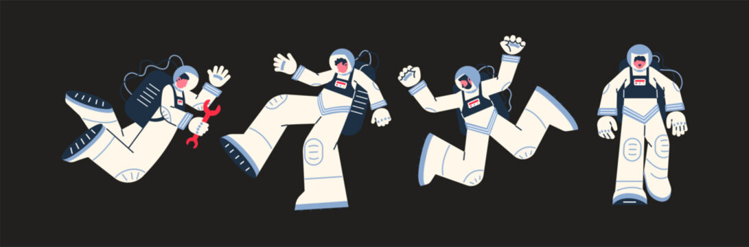 Cartoon characters astronauts in spacesuits in outer space zero gravity.Weightless man in outer space. Cosmonaut mascots spaceman