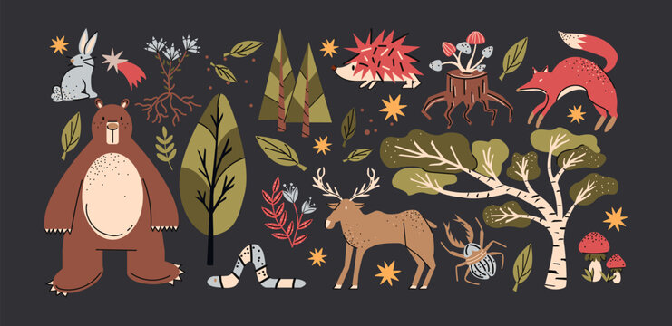 Mystical stickers of forest animals, plants, moon, sun. Folklore fairy tale motifs, magical mysterious enigmatic forest. Vector elements in cartoon style

