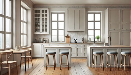 Fototapeta premium A bright, airy kitchen with white cabinets and two islands features large windows. 