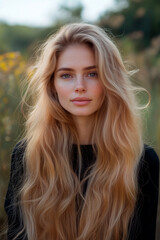 Fototapeta premium Beautiful portrait of a pretty young woman in a field. Beautiful model posing with natural make-up and with long blonde hair in field.