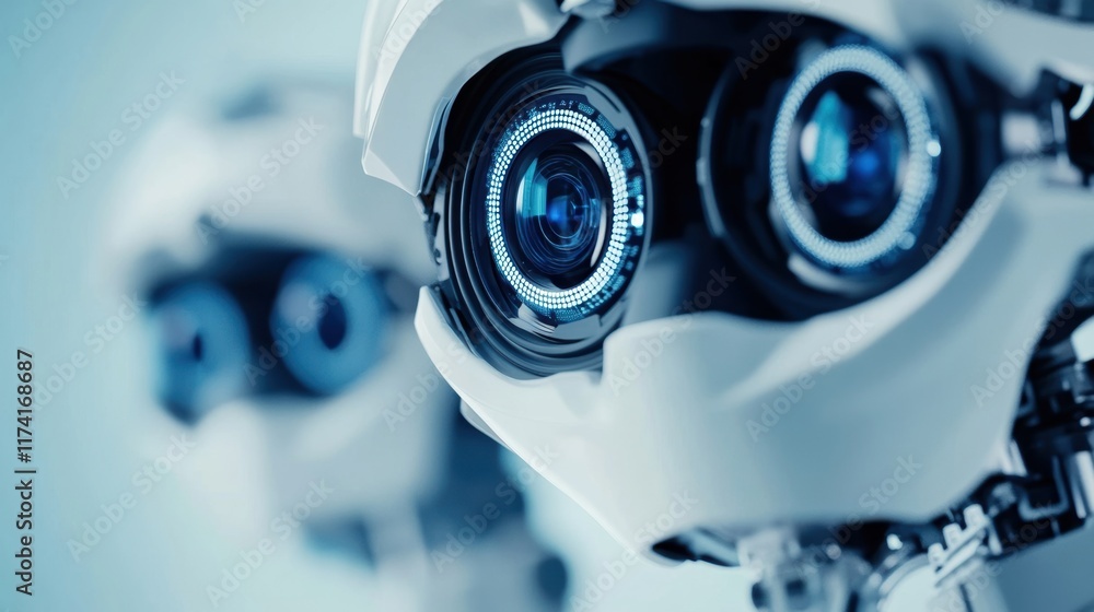 Poster close up of a futuristic robot head showcasing intricate camera lenses and circuitry, evoking themes