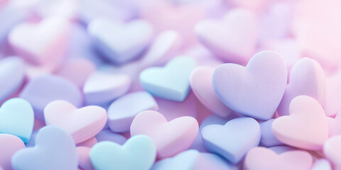 Texture wallpaper with lots of little 3d hearts in pastel rainbow color palette, background for banner or web