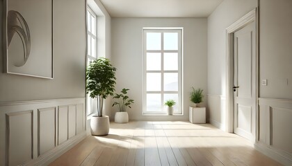 A bright, empty interior scene depicts white walls and hardwood floors, with three potted plants and an open doorway.