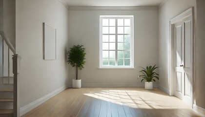 Fototapeta premium A bright, empty room with white walls and hardwood floors.