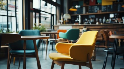 A vibrant office space with colorful chairs, wooden desks, and plenty of natural light.