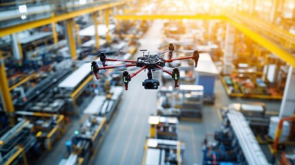 Fototapeta premium Modern industrial factory using automation with a drone flying and recording footage of machinery and assembly lines, showcasing the integration of technology in manufacturing processes