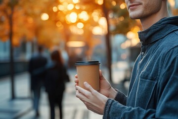 Casually Dressed Man Holding Reusable Coffee Cup Smiling While Meeting Friends Outdoors in Urban Setting