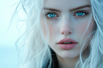 Fototapeta premium Close up portrait of fashion beautiful pretty blonde young woman with blue eyes and fresh makeup. Beauty stylish portrait.