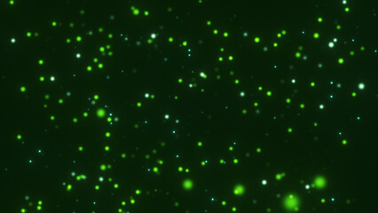 Abstract green background with falling glowing particles, green particles on dark background
