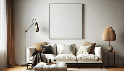A well-lit interior shows a cream-colored couch with pillows and a blank frame hanging above
