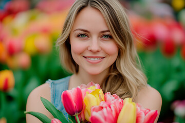 Fototapeta premium Smiling pretty young woman with blonde hair holding colorful tulips, women's international day.