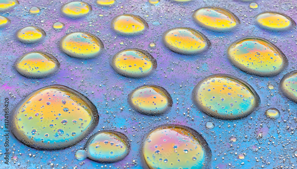 Poster abstract macro photograph showcasing iridescent oil droplets on a textured surface, creating a vibra