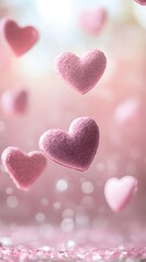 Obraz premium A soft pink background with floating hearts and glowing bokeh, leaving ample space in the center for a message